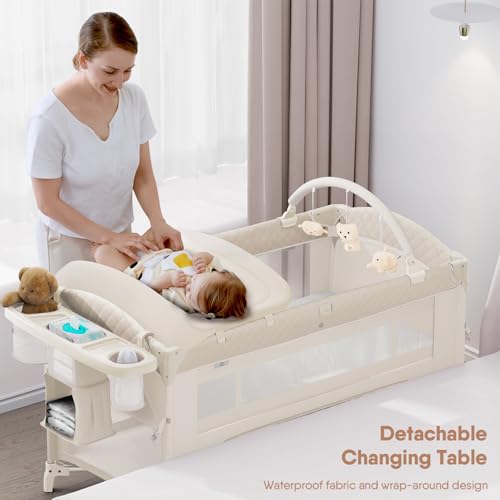 Image of Obee Odee 4 in 1 Baby Bassinet, Pack and Play, Bedside Crib Sleeper, Diaper Changer - Comes with Mattress, Mosquito Net, Bottom Storage and Toy Bar for Newborn to Toddles