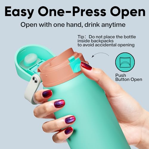 Image of Insulated Water Bottle with Straw - Encool Stainless Steel Water Bottle with Push Button Lid, Leak-Proof & BPA-Free, Keeps Cold for 24 Hours for Sports, Travel, Gym (32 oz, Turquoise)
