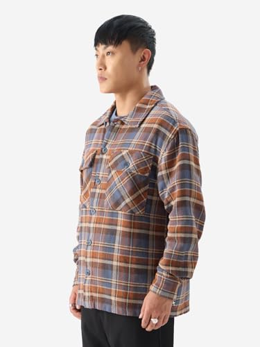 Image of The Souled Store Plaids: Orion Brown Men and Boys Button Front Long Sleeve Oversized Fit Flannel Shackets Men's Flannel Shirt Winter Plaid Thick Jackets Shackets for Men Outerwear Layering Shirts