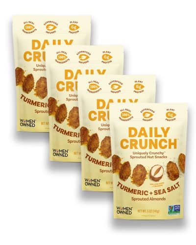 Daily Crunch Sprouted Almonds, 5 Ounce Resealable Bags (Turmeric + Sea Salt, 4 Pack) Packaging May Vary (Previously Called Golden Goodness) - Savory Spices, Sea Salt And Turmeric, Sprouted And Dehydrated For A Unique Crunch, Keto Friendly, Non-Gmo, Oil And Salt Free, Vegan, Healthy Snack #TOP5