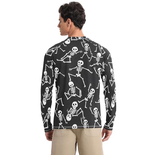 Mens UV Protection Shirts Rash Guard Long Sleeve UPF 50+ Skull Skeleton on Black Quick Dry S2