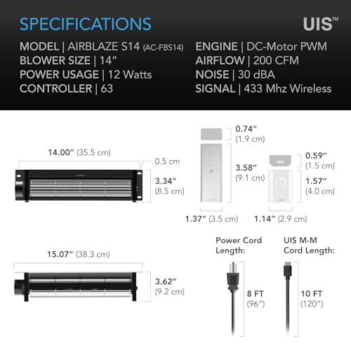 AC Infinity AIRBLAZE S14, Universal Fireplace Blower Fan Kit 14” with Wireless 10-Speed Controller, Compatible with Lennox, Hearth Glo, Majestic, Rotom Fireplaces, for Home Heat Circulation