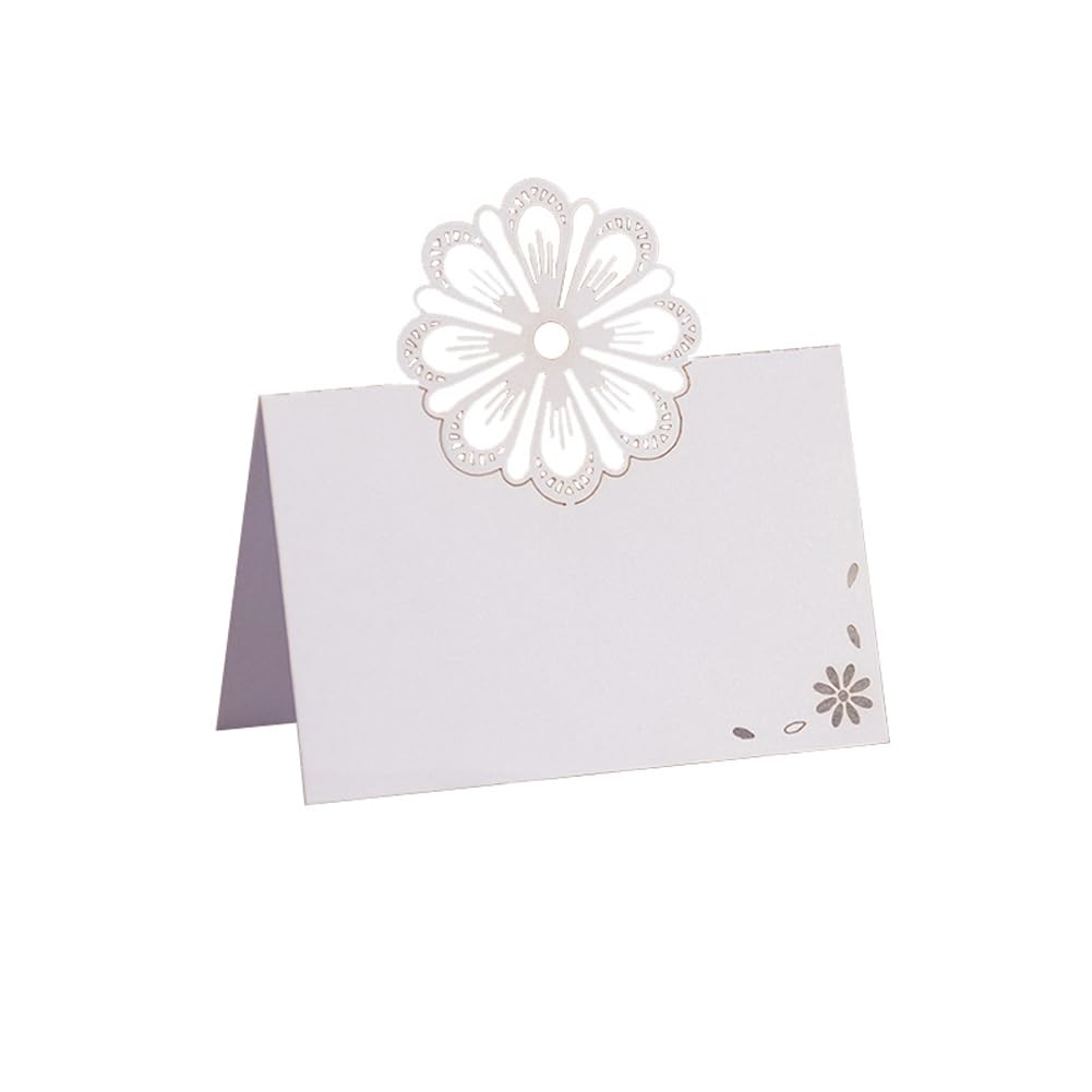 KOSTOO Table Card for Wedding Bride Shower Dinner, Reception, Banquet, Buffet Food, Seating Place Cards for Tables, Scored for Easy Folding, Hollow Flower Design, 50 Pack (Ice white)