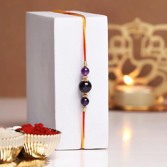 Image of Shubhanjali Crystal Beads Rakhi for Brother | Handmade Healing Crystal Stone Designer Rakhi for Bhaiya | Raksha Bandhan Gift Set with Roli Chawal, Kumkum, Greeting Card & Potli