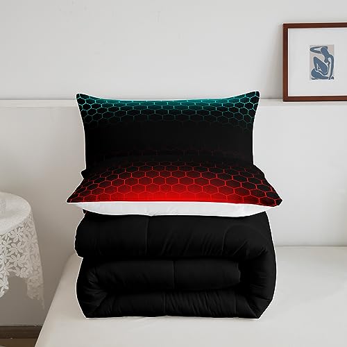 Image of Red Blue Ombre Bedding Set Queen, Geometric Honeycomb Comforter Set Abstract Ombre Honeycomb Comforter Beehive Hexagon Duvet Set with 2 Pillow Case