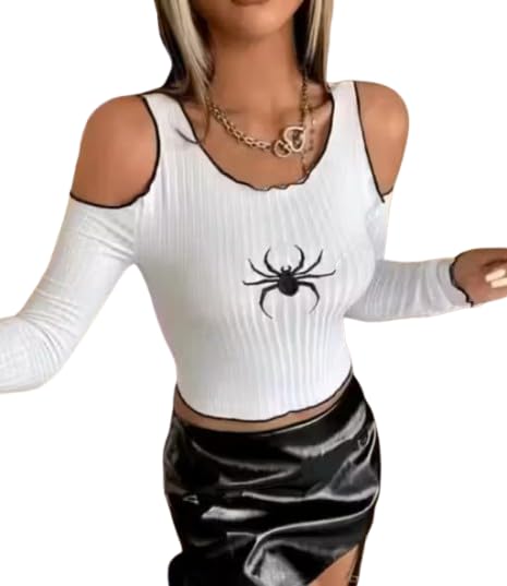 Trendy Style Collections Spider Theam-Printed Open Shoulder Crop Top for Girls and Women | Polyester Fabric | Color White Size S-picture-15