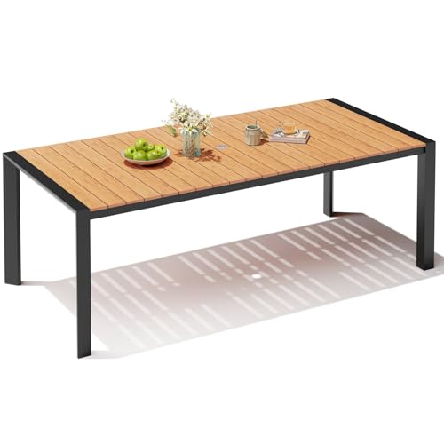 Crestlive Outdoor Dining Table for 6-8 Persons, Patio Table with Umbrella Hole, Aluminum Frame & WPC Wood-Like Tabletop, Weather-Resistant, Easy to Assemble, Ideal for Garden, Backyard, and Indoor