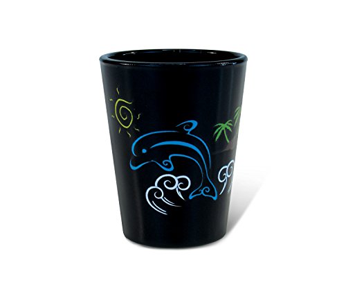Puzzled Dolphin Black Shot Glass 1.70 Oz Quality Glassware for Bar Collection Novelty Liquor/Spirits Drinking Glass - Marine Life Beach Animal Nautical Theme