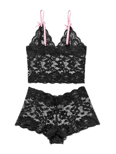 Image of Lilosy Sexy Sheer Floral Lace Pajamas Lingerie Set High Waist Sleepwear Bra and Panty 2 Piece Nightwear