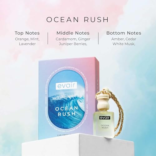 Image of Evair Hanging Car Air Freshener | Car Accessories Interior | Car Perfume Aroma with Essential Oils Fragrance in Glass Bottle with Wooden Diffuser Lid | 10 ml- Pack of 2 (Sandalwood & Ocean Rush)