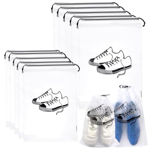 10 Stück Schuhbeutel Set, PE Wasserdicht Schuhtasche mit Kordelzug, Transparent schuhbeutel Reise für Koffer, Aufbewahrungstasche für Schuhe, Staubdicht & Wiederverwendbar (Groß, Mittel)