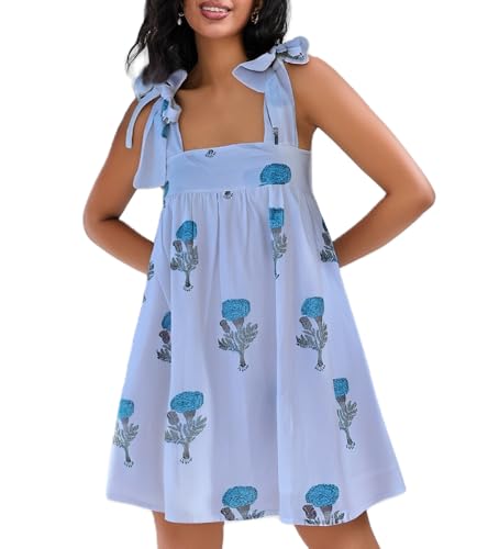Image of Women Floral Tie Shoulder Mini Dress Cute Square Neck Loose Fit Beach Short Dress Backless Boho Vocation Sundress