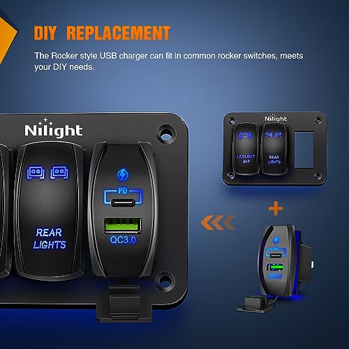 Image of Nilight Rocker Switch Style USB Outlet Socket Fits Panel | 4.2A PD Type C and QC 3.0 12V 24V Fast Socket Dual Outlets Port for Cars Boats Trucks RVs