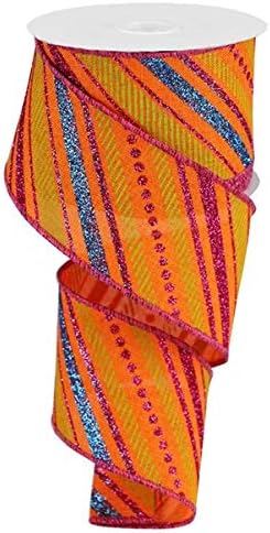 グリッター斜め格子縞スプリングリボン:オレンジホットピンクターコイズライム(2.5インチ x 10ヤード)