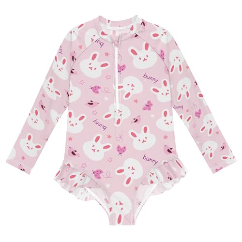 Cute Simple Bunny Pink Prints Girls One Piece Rash Guard Swimsuit, Girls Long Sleeve Swimwear for 3-12Y