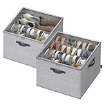 SONGMICS Shoe Organisers for up to 16 Pairs Each, Space-Saving Shoe Storage, Adjustable Dividers, Stackable, Transparent Lid, for Closet, Set of 2, Dove Grey LSP622GD01