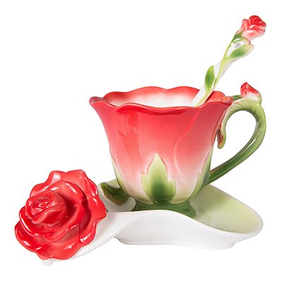 XOSHX La Mejor Forma de Rosa 3D Flor de Maceta Taza y Plato de café de cerámica Taza de Porcelana de Alto Grado Diseño del Regalo del día de San Valentín Creativo Rojo