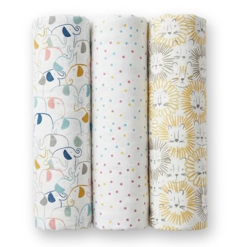 haus & kinder 100% Cotton Soft Muslin Swaddle Wrap for Newborn Baby - Pack of 3 (100 x 100 cm, Pink, Grey, Turquoise) (Jungle)