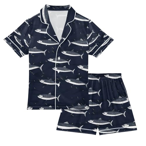 senya Sharks Black Satin Summer Pajama Sets Silk Short Sleeve Button Down Sleepwear