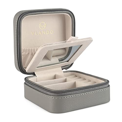 Vlando Small Travel Jewelry Box Organizer - Mirrored Jewelries Necklaces Rings Earrings Necklace Storage Case, Gray #TOP2