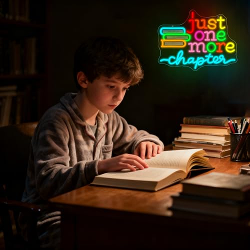 Image of Just One More Chapter Neon Sign Wall Decor Reading Neon Light for Read Room | Dimmable Led Neon,Teen Birthday Reading Gifts,5V USB Powered,Bookstore Bedroom Decor, Classroom Library Wall Art,15.7*12.1in