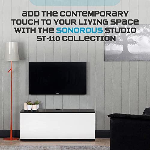Image of SONOROUS ST-110 Premium TV Stand with Black Glass & White Wood Cover - Modern Entertainment Center & Media Console for Living Room - TV Cabinet up to 65 Inch with Hidden Wheels - Sleek Storage Design