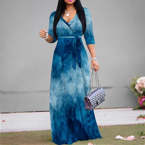 Image of PinkPatty Women's Print Maxi Dresses 3 /4 Sleeve Flowy Long Dress V Neck Wrap Tie Waist Sundress
