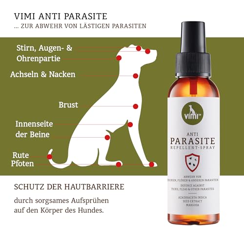 vimi Anti Parasite, natürlicher Zeckenschutz für Hunde, 100 ml, gegen Zecken, Flöhe, Milben & andere Parasiten, bis zu 8 Stunden, mit Neem, Zitronen-Eukalyptus, Lavendel & Geranium