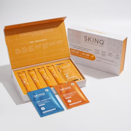 Image of SKINQ Detan + Glow Facial Kit for Dull, Tanned Skin | 7-Step At-Home Facial | With Vitamin C & Glycolic Acid | Instant Glowing Skin | Made by Dermat | Pack of 7