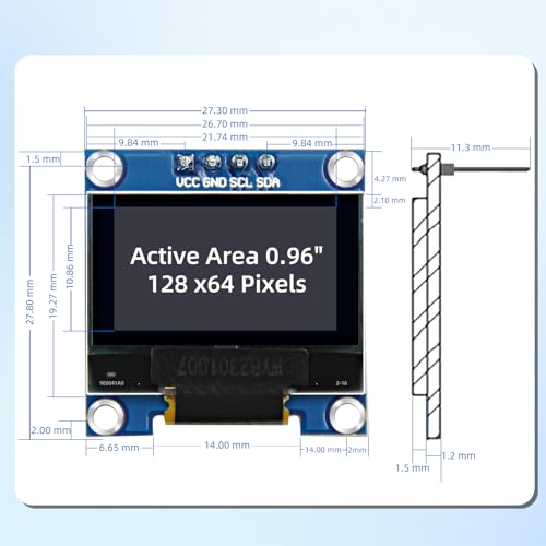 Image of 5 Pcs 0.96 Inch OLED Display Module, 128x64 Pixel I2C SSD1306 Luminous OLED Screen Board Compatible with Arduino Raspberry Pi ESP32(Blue and Yellow)