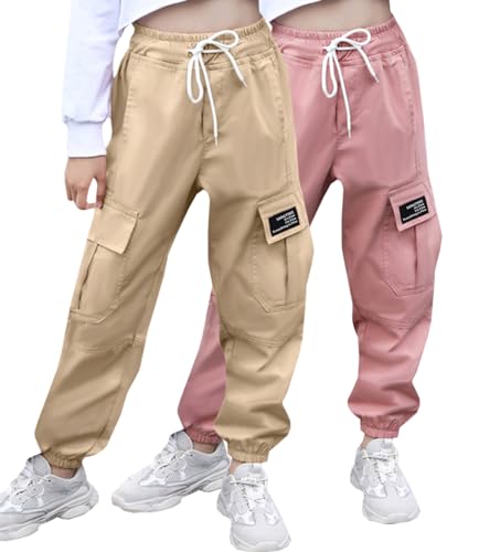 Image of SANGTREE Girl's&Women's 2 Packs Cargo Pants Elastic Waist Drawstring Tapered Multi Pockets Cargo Jogger Pants