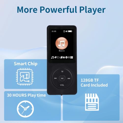Image of BIGASUO MP3 Player with Bluetooth 5.3, Free 128GB Card & Earphones Included | Music Player with Built in HD Speaker, 2 inch IPS Screen, Voice Recorder, FM Radio, E-Book, HiFi Sound, Light Black