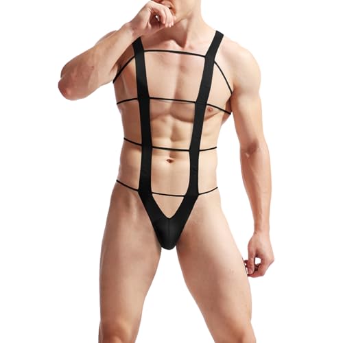 Men's Sexy Sissy Clothes Swimsuit Jumpsuit Black Jock Straps Deep V Bikini Bodysuit Elastic Thongs Underwear Lingerie