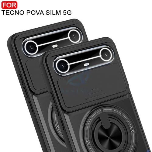 Image of AESTMO Tecno Pova Slim 5G Back Cover | Armor Camera Slider 360 Degree Rotating Finger Ring Holder Case with Bracket Stand Back Case Cover (Compatible with MagSafe Accessories) (Black)