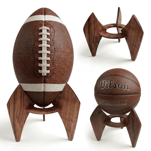 Football Display Stand (Rocket Style) - Football Holder for Display, Walnut Wood Tabletop & Shelf Holder, Fits Basketball Display, Football Decor for Man Cave & Collectors, Tool-Free, Multi-Sport for Rugby Volleyball, Ideal Gift for Son & Husband