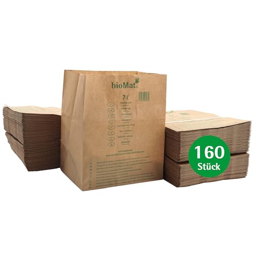 bioMat Kompostierbare 7l Biomülltüten aus Papier 160 Biomüllbeutel aus Kraftpapier Nassfest Doppelter Boden Made in Germany