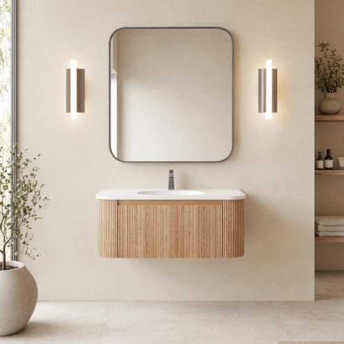 Image of 36 Inch Wall Mounted Bathroom Vanity with Ceramic Sink, Pre-Assembled Floating Vanity Cabinet with Marble Countertop, Wave Texture Finish & Drawer, Wood