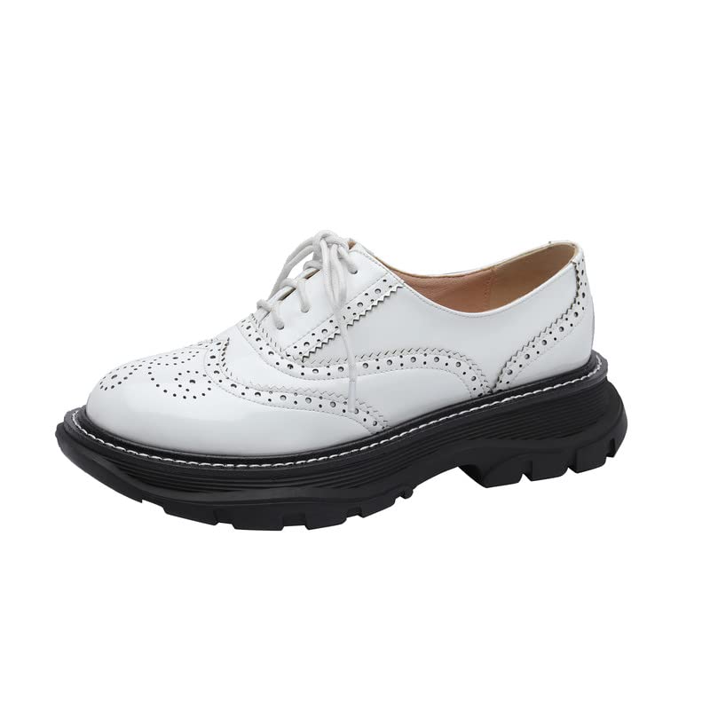 KAGAA Patent Leather Fashion Round Toe lace-up Women Shoes, Flat Heel with mid Heel 5 cm Handmade Chains Casual Loafer Shoes for Women wa115s