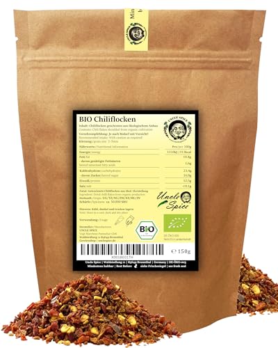 UNCLE SPICE® BIO Chiliflocken- 150g Chili-Schoten geschrotet - feine BIO CHILI Flocken in PREMIUMQUALITÄT DE-ÖKO-005 - Chiliflocken in Aromatüte - angenehme Schärfe