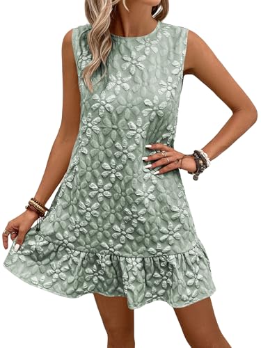 Image of SOLY HUX Women's Ruffle Hem Sleeveless Tank Dress Round Neck Casual Jacquard Hem Smock Summer Mini Dresses