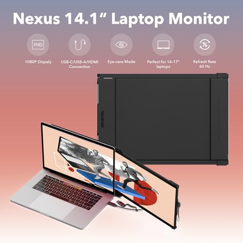 Image of New Mobile Pixels Nexus 14.1'' FHD 1080P Laptop Screen Extender, USB Type-C /USBA /HDMI Travel Monitor, Portable Monitor for 14'' to 17 inch Laptops, Compatible with macOS /Windows /Android /Switch