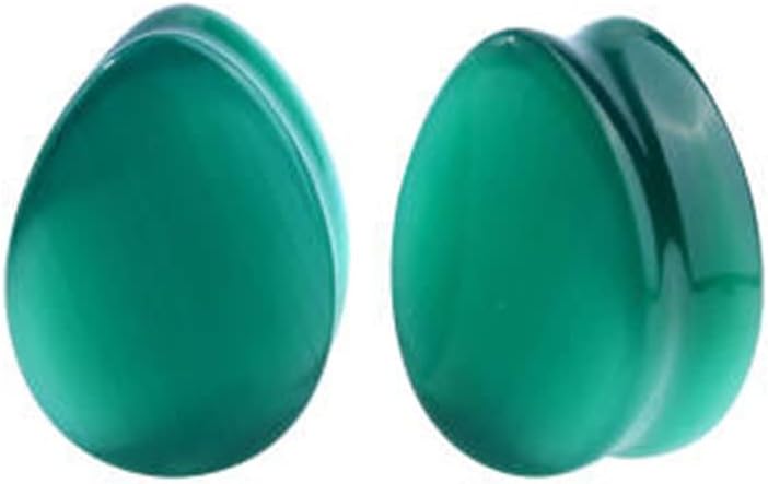 Pair of Green Cat Eyes Stone Teardrop Plug Double Flare Ear Lobe Plugs E608
