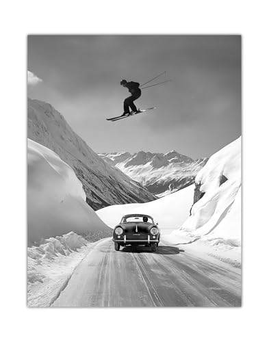 Jumping Over Porsche Vintage Ski Photography Black and White Alpine Mountain Cabin Ski Lodge Resort Wall Art 16x20 Unframed Poster Winter Chalet Snow Landscape Décor