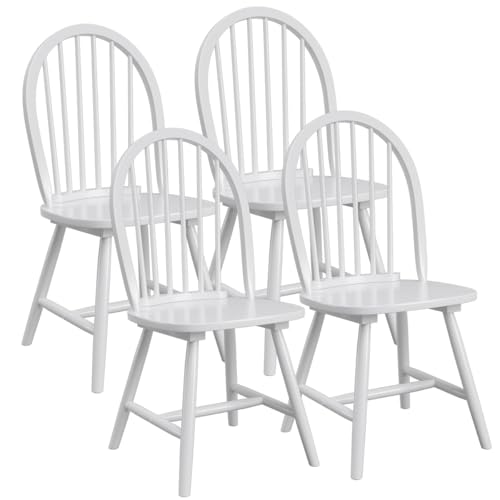 Image of COSTWAY Windsor Dining Chairs Set of 4, Mid-Century Modern Wood Chairs w /Spindle Back & Reinforced H-Shaped Legs, Farmhouse Armless Kitchen Chair for Living Dining Room, Restaurant (White)