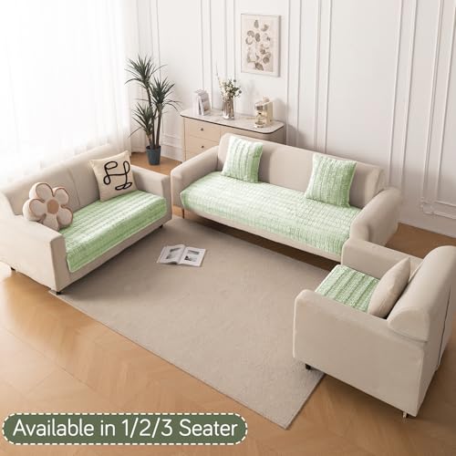 Image of HOKIPO 'Plush Haven' Premium Anti-Slip Sofa Cover Mat for 1 Seater Sofa | Soft Fluffy Plush Fabric, Pastel Green (AR-5030-GRN*1)