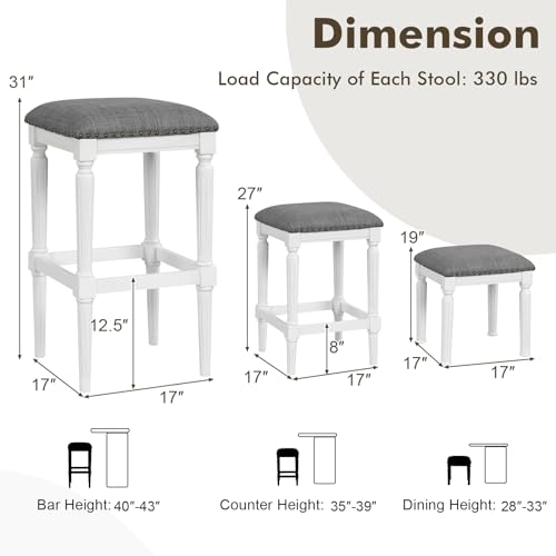 Conjunto de 4 butacos tapizados COSTWAY, ajustables en 3 alturas (31"/27"/19"), sin respaldo, cuadrados, con reposapiés, asientos acolchados, estructura de madera de caucho, para isla de cocina miniatura 3