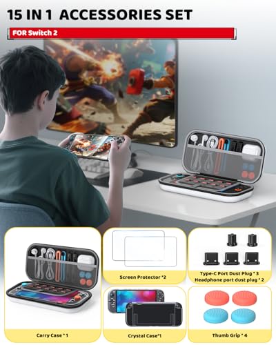Image of Switch 2 Accessories Bundle for Nintendo Switch 2 2025(All in One Case Kit) | Portable Hard Shell Slim Case with Crystals Protective Cover kit, 2 HD Screen Protectors (7.9 Inch),Dust Plugs, 4 Thumb Grips