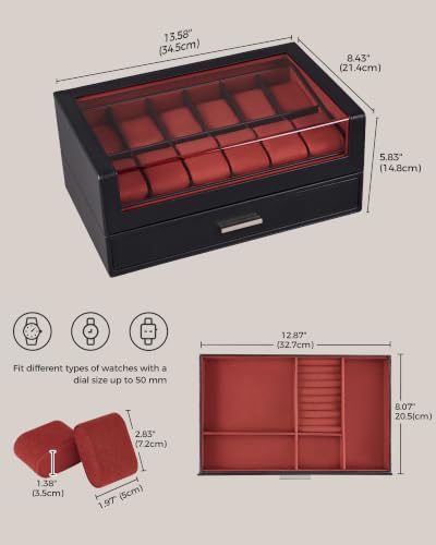 Image of ProCase Watch Box for Men, 12 Slots Watch Display Holder -Winered | Clear Acrylic Top, Large Capacity PU Leather Case with Drawer Organizer, Jewelry Storage, Ideal Gift for Men Women