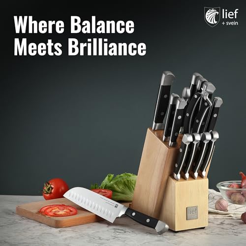 lief + svein German Steel Knife Block Set, 15-Piece Kitchen Knife Sets. German Stainless 1.4116 Steel. Unique Kitchen Knives Set with Ipad Holder. Ideal Knife Set with Block and Sharpener.