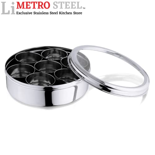 Image of LIMETRO STEEL Stainless Steel Spice Box with Mirror Lid (1 Container, 7 Bowls, 1 Spoons)